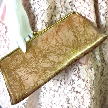 Vintage 50s MCM  JR Shell Pink Gold Metallic Confetti Lucite Clear Plastic handbag purse clutch OOAK 