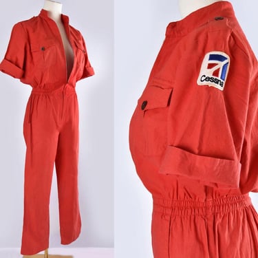 1970's Red Flight Suit By MARIE FRANCE, Cessna Patch, Jumpsuit, Romper, One Piece Pant Suit Disco era Vintage Designer Racing 