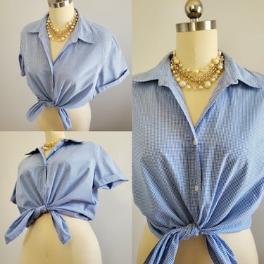 Vintage Blue Gingham Blouse - Button Down Shirt - 70s Women's Vintage Size Large 