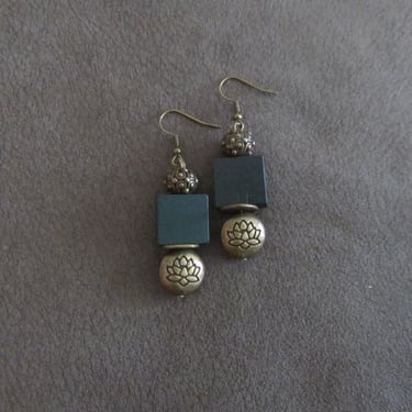 Bronze lotus flower and wooden earrings 