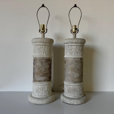 Vintage Column Plaster Table Lamps With Geometric Pattern - a Pair 