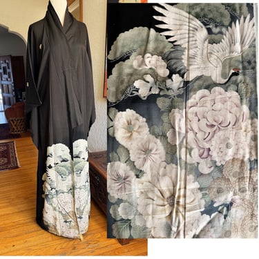 Elegant Vintage Hand Painted Silk Japanese Kimono with Cranes and Flowers and a touch of embroidery! 