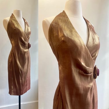 Vintage 60s Party Dress / Hourglass HALTER + BACKLESS / Bronze Copper SILK / Rosette Detail / Bette Bass Boutique 