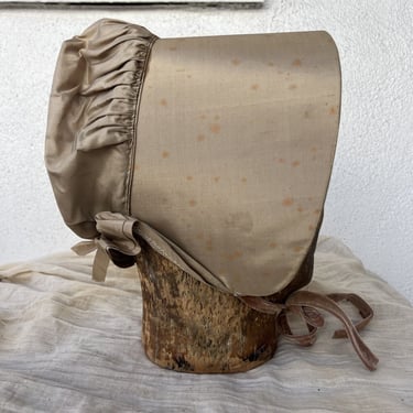 Antique 1830s 1840s Taupe Silk Pumpkin Hood Bonnet Hat Primitive Folk Art Vtg