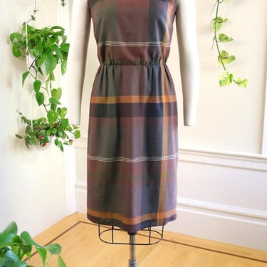 Vintage 1950s Day Dress | 50s L'AIGLON Brown Plaid Cotton Wiggle Sheath Sundress | medium 