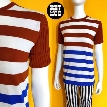 Retro Mod Vibes Vintage 60s 70s Brown Blue White Stripe Stretchy Short Sleeve Top 