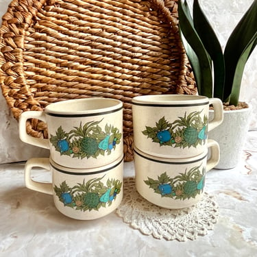 Vintage Stacking Mugs, Coffee Cups, Harvest Fruits, Pineapples, Teal Blue, Set 4, Mid Century 60s 70s 