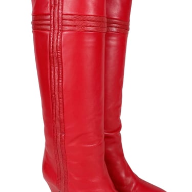 François Villon 1980s Vintage Red Leather Lizard Skin High Heel Boots Sz 36 