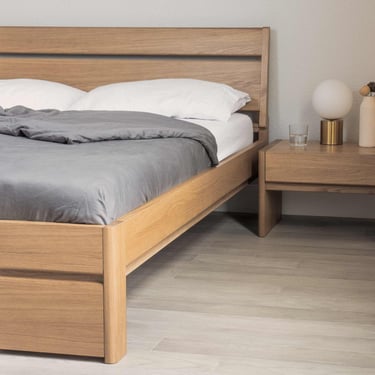 Modern Wood Bed Frame with Storage and Headboard | Solid Oak & Walnut | Queen, King | Low Profile Slatted Bed | Contemporary Natural Wood 