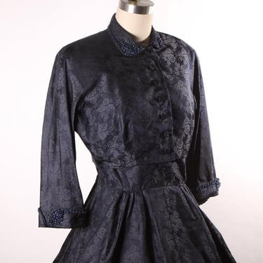 1950s Dark Navy Blue Floral Brocade Short Sleeve Fit and Flare Dress with Matching Beaded 3/4 Length Sleeve Jacket -M 