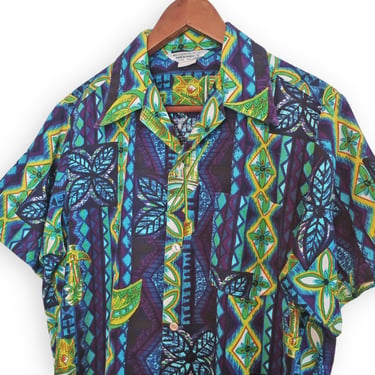 vintage aloha shirt / 60s Hawaiian shirt / 1960s barkcloth tiki print aloha short sleeve cotton button up Medium 