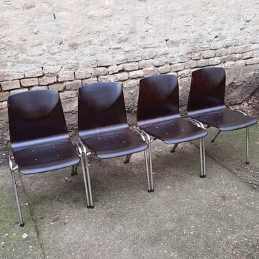 Set of 4 Vintage Industrial Chairs by Galvanitas and Pagholz, Thup-op-Seat, Wooden Dining Chairs made in West Germany in 70's 