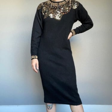 Vintage 80s Black Angora and Wool Sequin Preppy Sweater Dress Size Small 