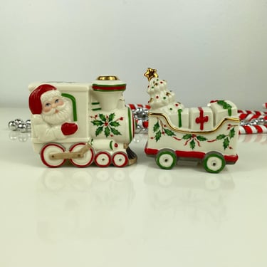 Lenox Fine China Holiday Santa Train Salt and Pepper Set Holly Berry, Christmas Tree, Presents, Train Cars, Collectible Christmas Dinnerware 