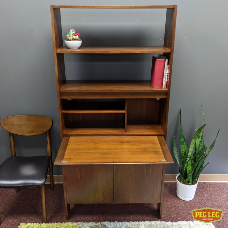 Mid-Century Modern walnut room divider with drop-front