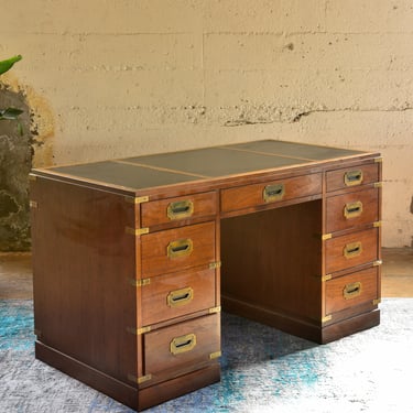 Vintage Walnut Desk with Brass and Leather