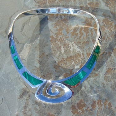 Vintage Mexico Sterling Wide Heavy Silver Choker with Malachite Stone Inlay ~ 105 Grams 