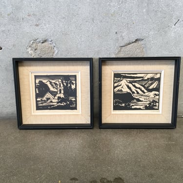 Pair of California Woodblock Prints - Calico Mountains &amp; Pala Mission