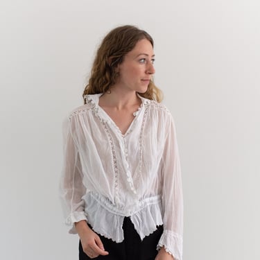 Vintage White Cotton Romantic Blouse | Crochet Flower Semi Sheer Shirt | S | 
