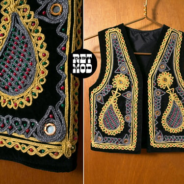 JUNIOR/TEEN SIZE - Iconic Vintage 70s Black Velvet with Gold Soutache, Beading & Mirrors Vest 