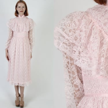 Pink Prairie Lace Wedding Dress / Vintage 70s Solid Bridal Gown / Long Summer Plain Frock / Simple Country Lawn Maxi 