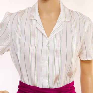 Vintage 1980s Colorful Pinstriped Blouse | Small | 16 