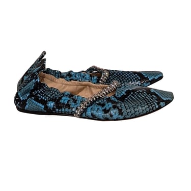 Beautisoles - Aqua Blue & Black Snakeskin Embossed Leather Flats Sz 9