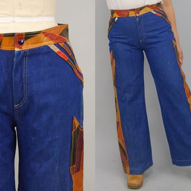 Vintage 1970s Patchwork Leather & Denim Pants, Vintage Western, 70s Denim Leather Patchwork, Bohemian Hippie, 32