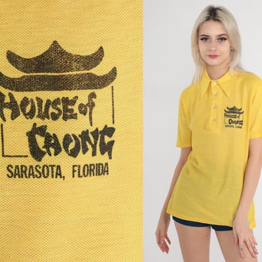 House of Chong Shirt 70s Yellow Polo Shirt Retro Uniform Dagger Collar Button Up Short Sleeve Top Chinese Restaurant Vintage 1970s Medium M 