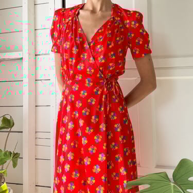 70s Fruit Print Wrap Dress / S