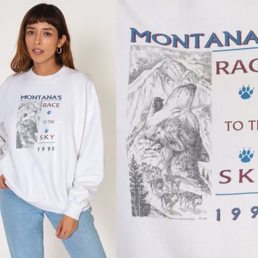 1998 Montana's Race to the Sky Sweatshirt 90s Dogsled Race Shirt Husky Sled Graphic Sweater Musher Racing White Vintage 1990s Extra Large xl 