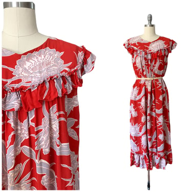 40s Red Hawiian Cold Rayon Dress / 1940s Vintage Floral Print Vacation Dress / Small to Large 