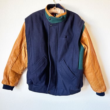 Blue WOOL & LEATHER Sleeves Bomber Jacket, Baseball, Coat, Vintage Varsity, Panther, 1980's, Large 