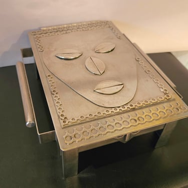 Vintage Stanley Szwarc Ooak Stainless Steel outsider Art box. Mask design 