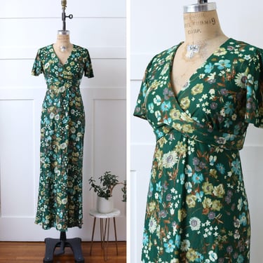 vintage 1970s maxi dress • green floral empire waist full length wrap dress 