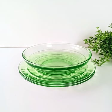 Uranium Glass Dessert Berry Bowl & 2 Dessert Sherbet Plates/Block Optic Pattern/1930s Vaseline Depression Glass/French Country Cottage Core 