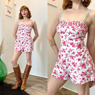 Vintage 1950s Romper / 50s Tina Leser Rose Print Playsuit / White Pink ( S M ) 