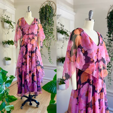 Vintage 1970s Maxi Dress | 70s Floral Chiffon Pink Cape Fit and Flare Tiered Ethereal Party Gown (small) 