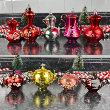 Vintage Hand Blown Glass Painted Christmas Ornaments, Sold Individually: Teapot, Urn, Coffee Pot Styles, West German Red, Silver, Gold, Pink 