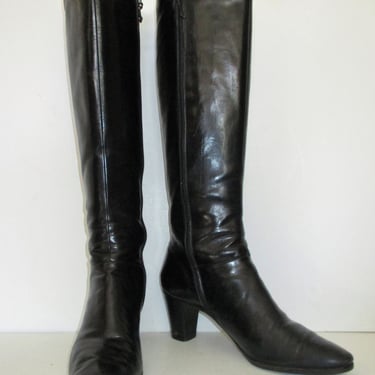 Vintage 1970s Salvatore Ferragamo Knee High Boots, Size 9 1/2AA Women, black leather, side zip 