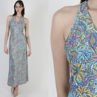 70s Pastel Tapestry Printed Disco Dress / Sexy Open Back Halter Maxi / Vintage Psychedelic Metallic Cocktail Long Frock 