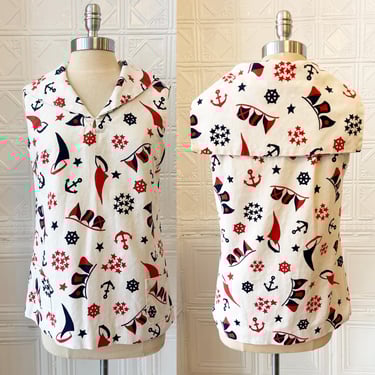 Vintage 60s Nautical Chic Novelty Sailor Collar Sleeveless Cotton Tunic Top with Pockets Handmade Size Small 