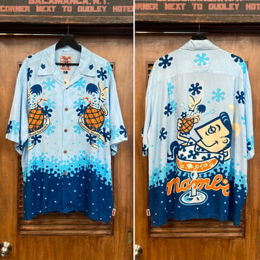 Vintage 1990’s Size XL “Mambo” Label Tiki Cartoon Rayon Hawaiian Shirt, 90’s Loop Collar, Vintage Clothing 