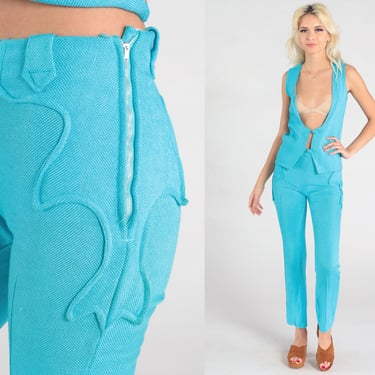 70s Two Piece Suit Western Flared Trousers + Vest Set Turquoise Blue Pants Outfit 1970s Vest Top Boho Hippie Top Vintage Extra Small xs 