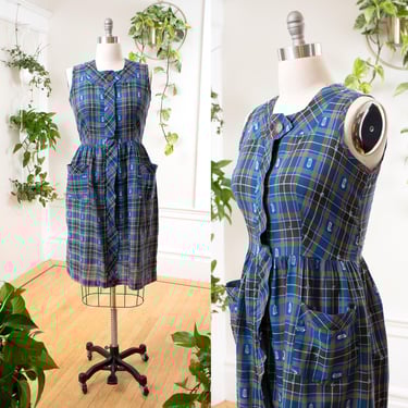 Vintage 1950s Day Dress | 50s Blue Plaid Tartan Cotton Wiggle Sleeveless Pockets Sundress House Dress (x-large) 