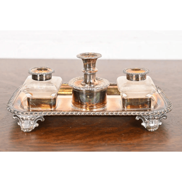 Tiffany & Co. Style Antique English Victorian Silver Plate Ink Stand, Late 19th Century