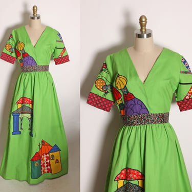 1960s Green Short Sleeve Full Length Architecture Pop Art Novelty Taj Mahal India Patchwork Embroidered Dress -S 