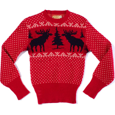 AS-IS *** Vintage 1940s 40s Reindeer Novelty Print Knit Wool Red Christmas Winter Holiday Pullover Sweater (x-small/small) 