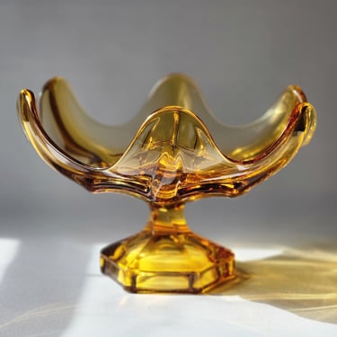 Viking glass amber pedestal bowl Ribbed and Ruffled six petal compote Epic Line centerpiece 