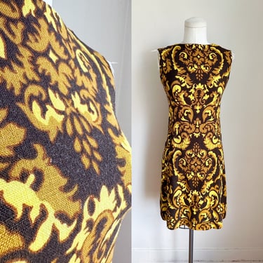 Vintage Mustard Yellow & Brown Damask Shift Dress / XS 